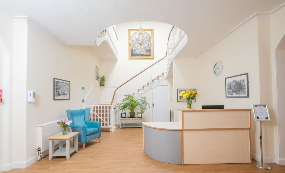 Step into the elegant reception area at Oaklands Luxury Care Home, located near Diss.